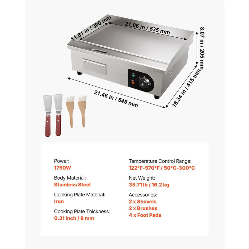 Commercial Electric Griddle, 21 x 11.8 Inch, 1750W by HouseOfZazla