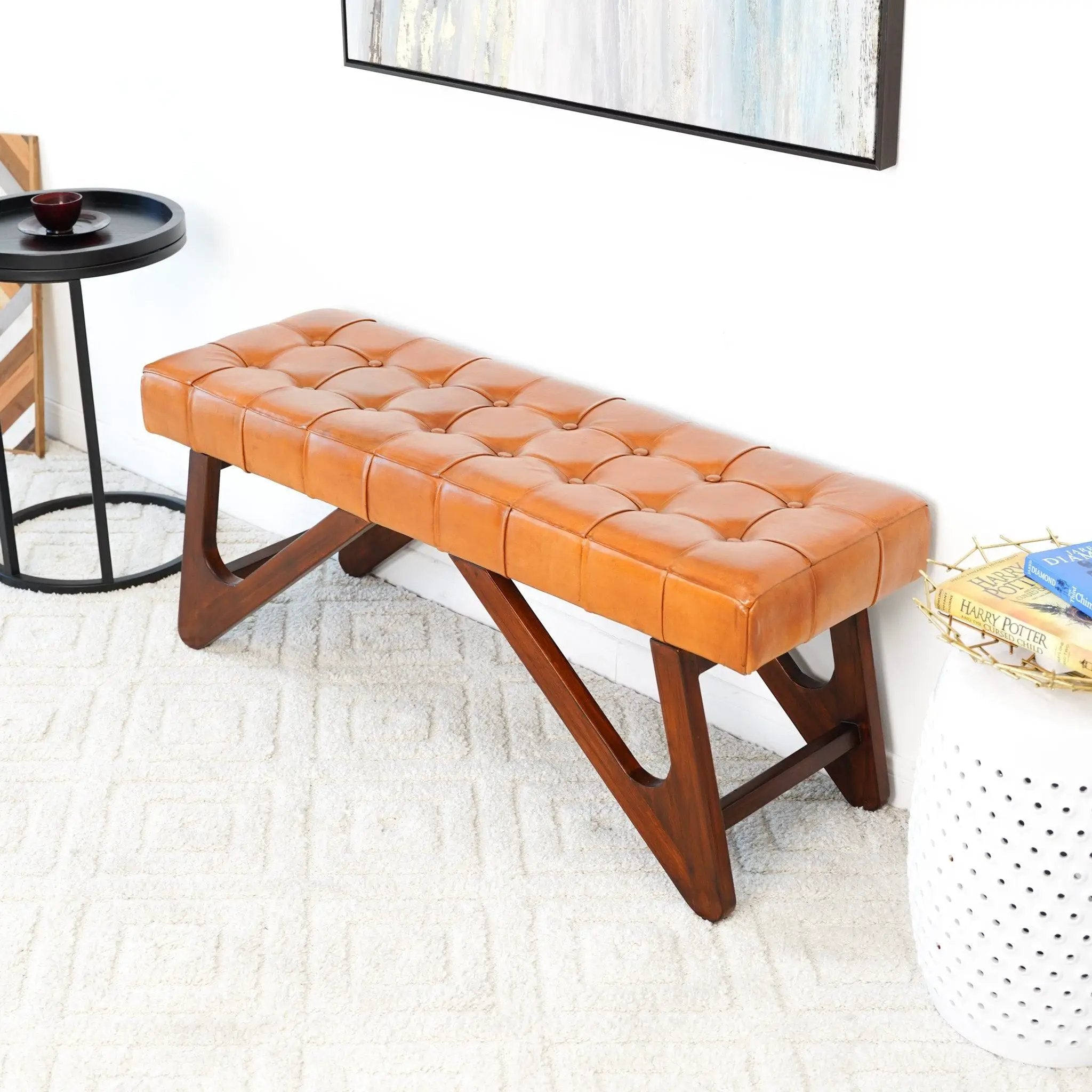 Mia - Bench With Buttons - Brown / Rustic by HouseOfZazla