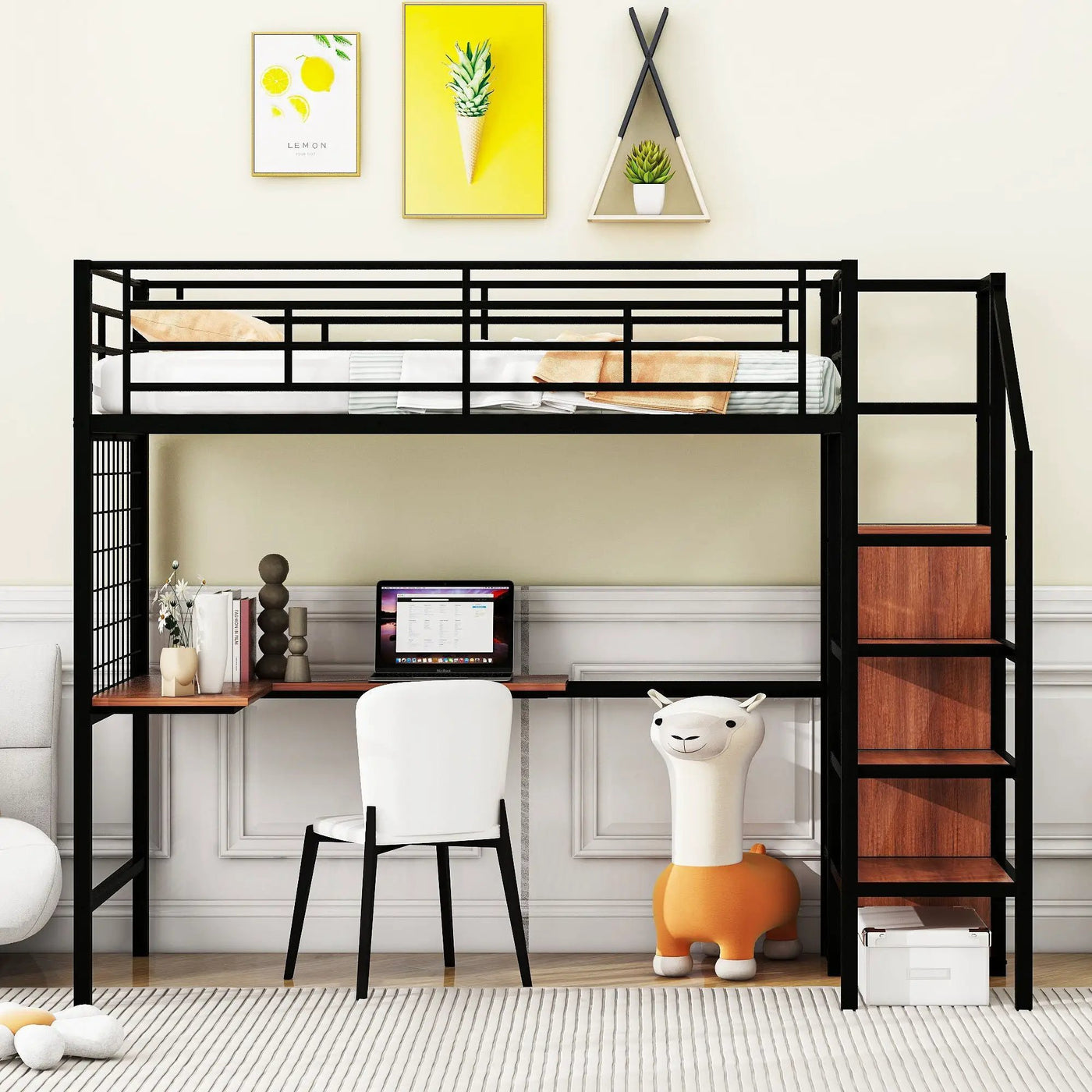 Loft Bed With Desk And Grid, Stylish Frame With Lateral Storage Ladder And Wardrobe by HouseOfZazla