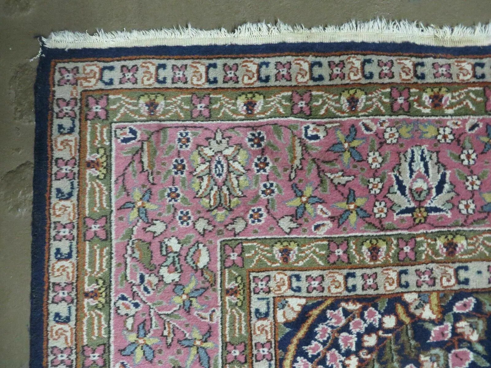 Turkish Sivas Rug 7x11, Navy Blue & Pink, Millifluer Floral Wool Carpet, Vintage by Jewel Rugs