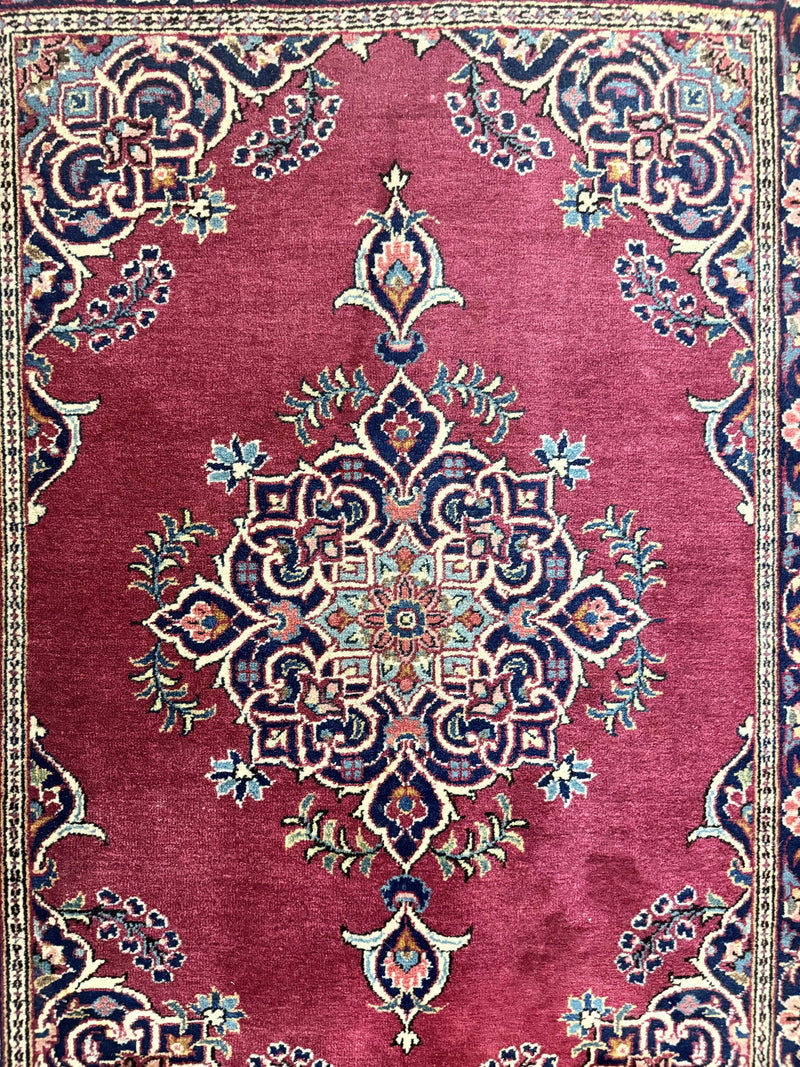 Small Persian Kashan Rug 2x3, Red and Navy Blue, Handmade Vintage Wool Semi Antique Persian Carpet, Semi Open Field by Jewel Rugs