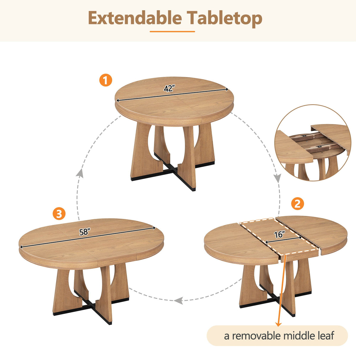 Round Dining Table Set for 4 with Removable Leaf - Light Brown or Dark Brown, photo 7 of 40