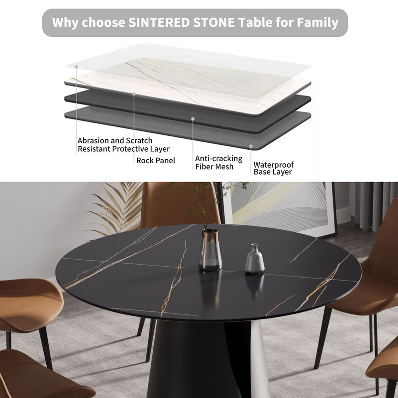 Modern Artificial Stone Round Carbon Steel Base Dining Table, Can Accommodate 6 People - Black by HouseOfZazla