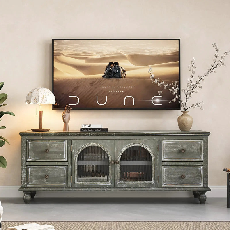 60" Farmhouse TV Stand with 4 Drawers & Glass Doors by HouseOfZazla