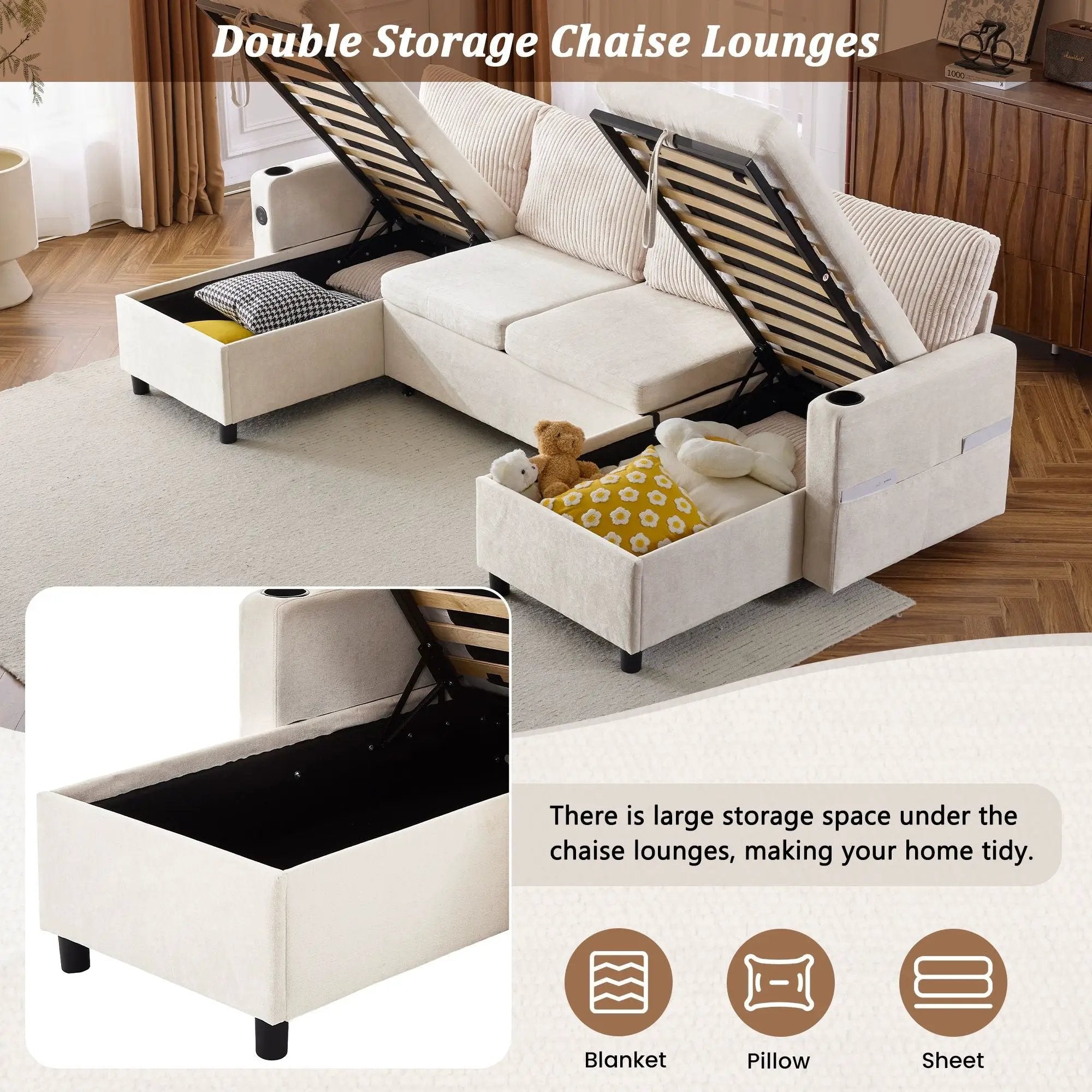 Sectional Sofa Bed With Pull Out Sleeper, USB Ports, Cup Holders by Unique Piece Furniture