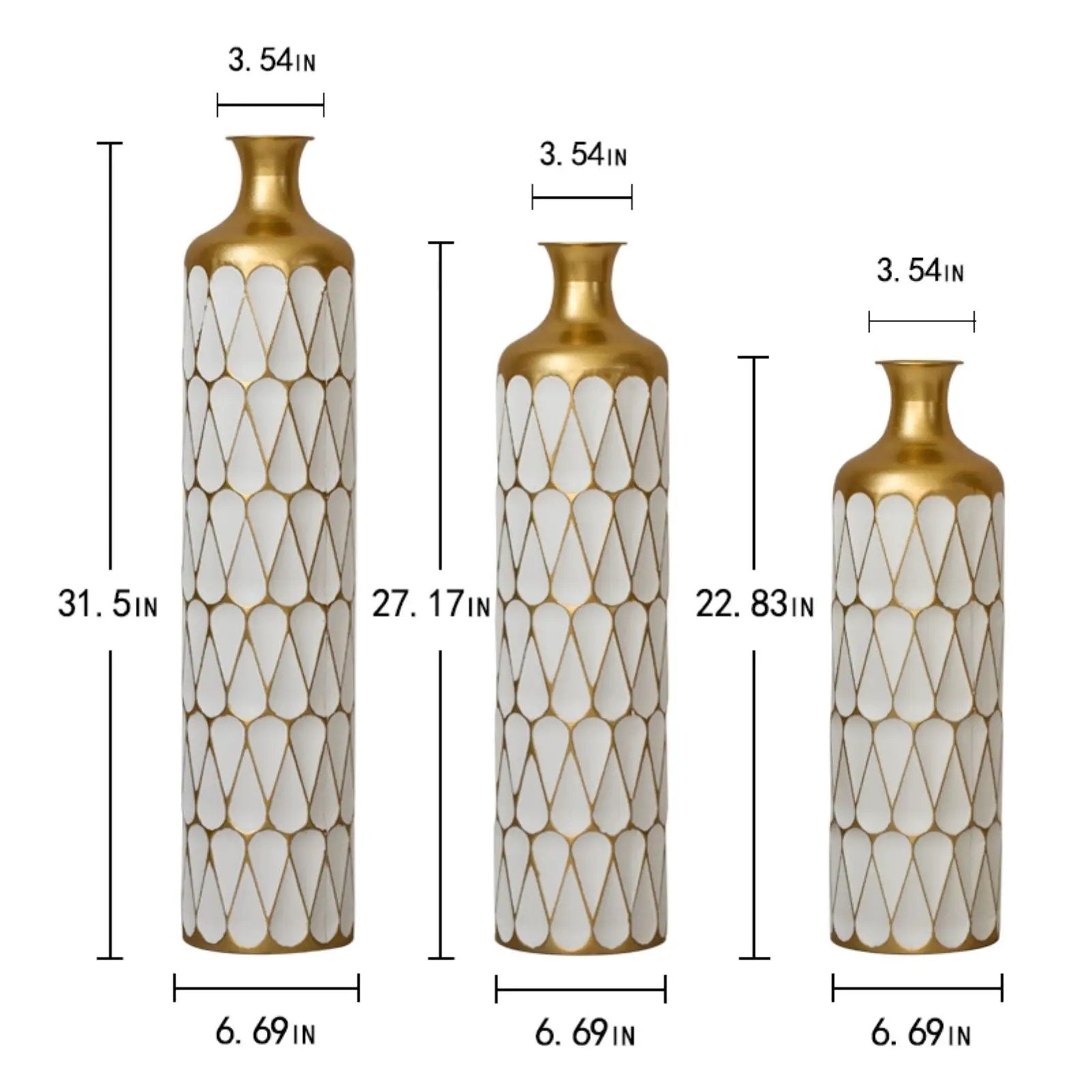 Floor Metal Vase Modern Style Decoration Home Droplet Shaped Metal Vase 3 Piece Set Gorgeous Home Decoration Large Glazed Metal Vase - Gold / White by Unique Piece Furniture