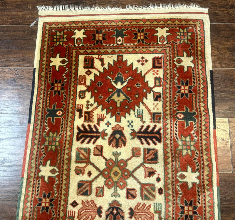 Turkish Runner Rug 2.4 x 8, Kazak Geometric Heriz Pattern, Beige Red by Jewel Rugs