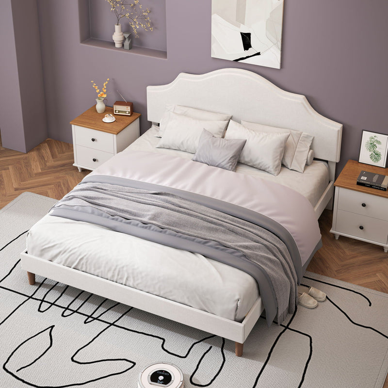 King Size, Upholstered Platform Bed Frame With Adjustable Headboard, No Box Spring Needed - White by HouseOfZazla