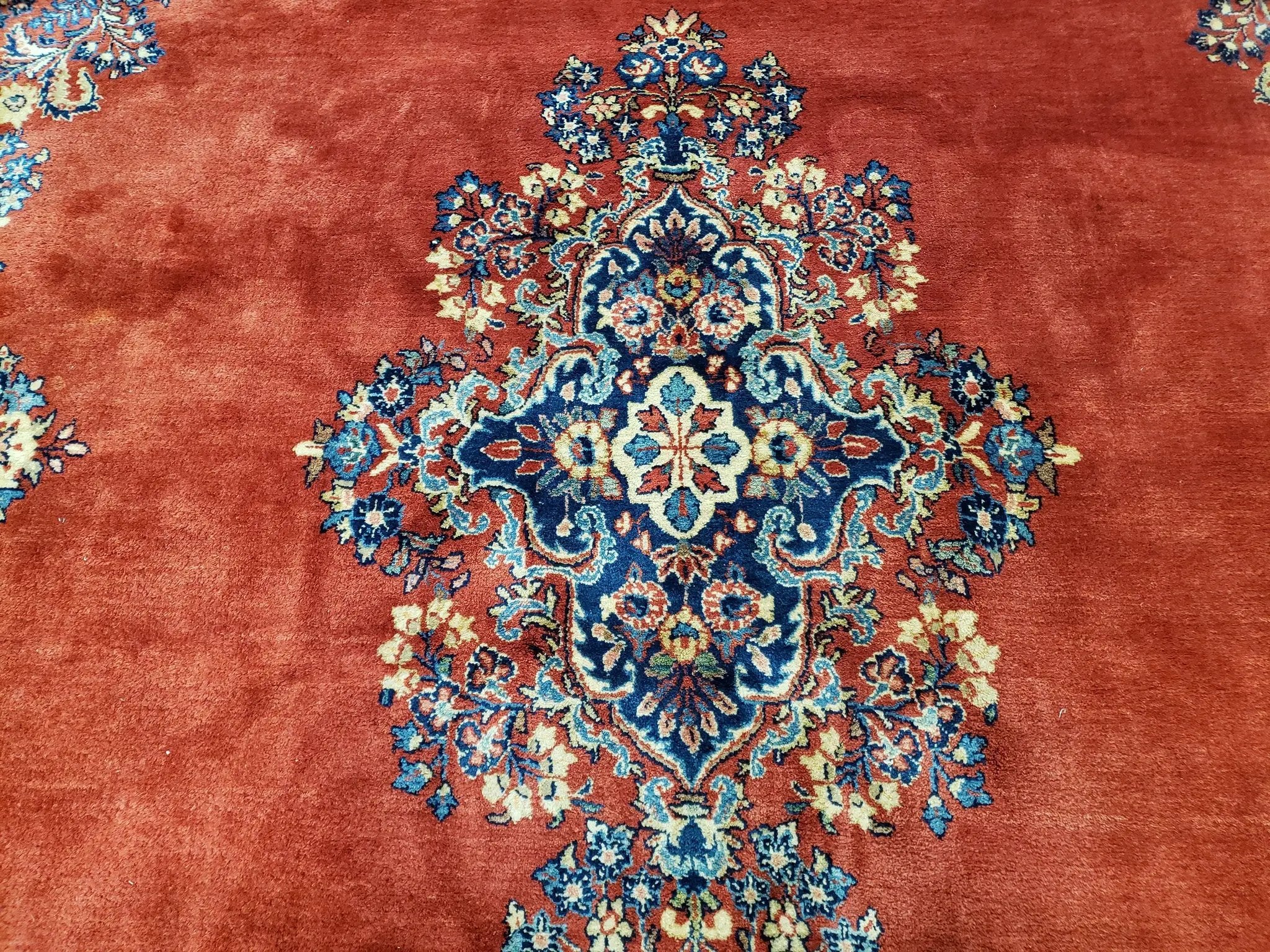 Semi Antique Persian Sarouk Rug 9x12, Semi Open Field with Central Medallion, Hand Knotted Wool, Tomato Red, 9 x 12 Authentic Oriental Carpet by Jewel Rugs