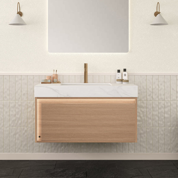 Nyah 36'' Bathroom Vanity & Sink, Floating Ultra-Slim Grille Plywood Cabinet, Drawer with Sensor Light, Carrara