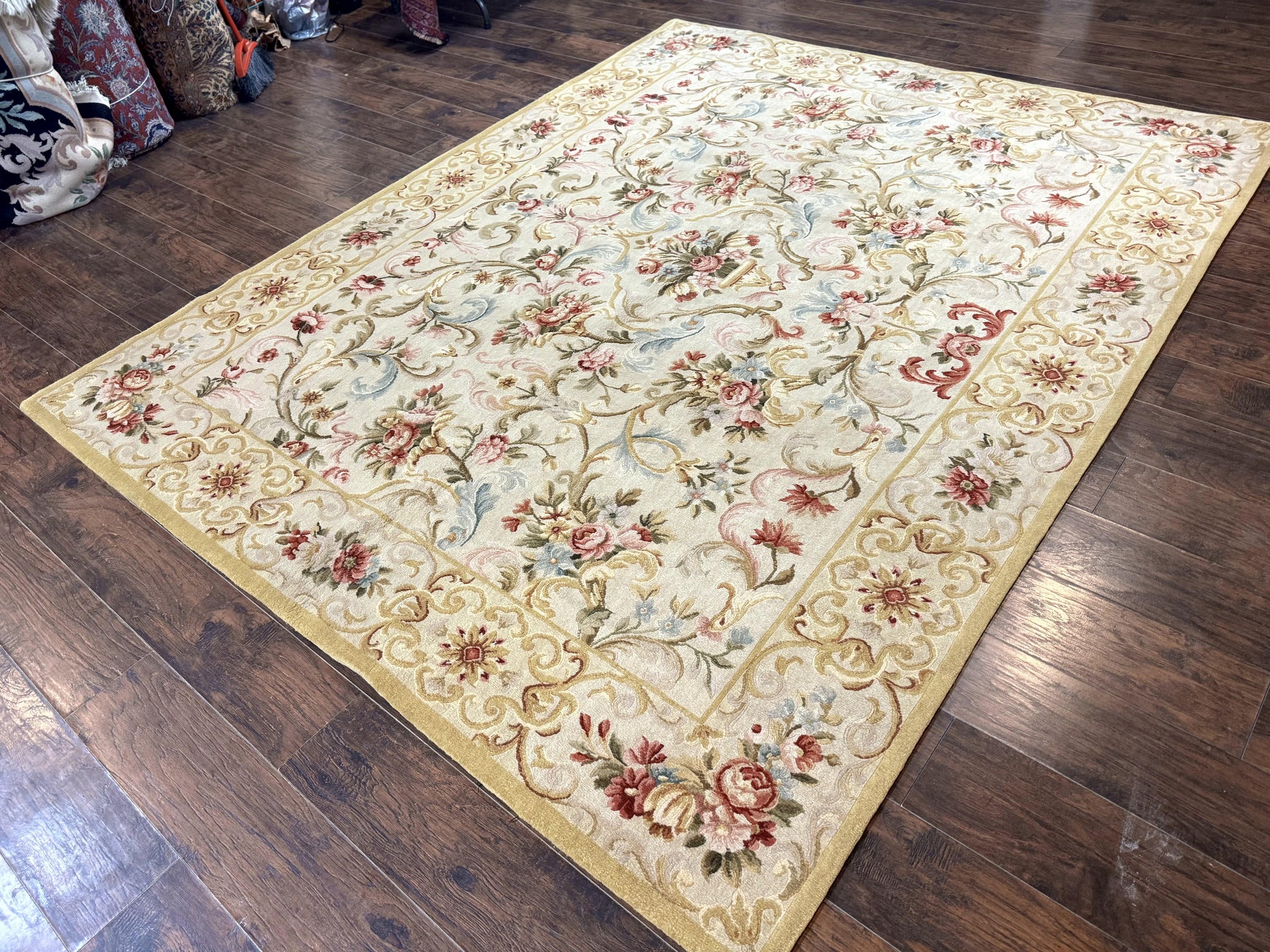 Aubusson Rug 8x10, French European Design, Vintage Handmade Wool Carpet, Aubusson Rug with Pile, Floral by Jewel Rugs