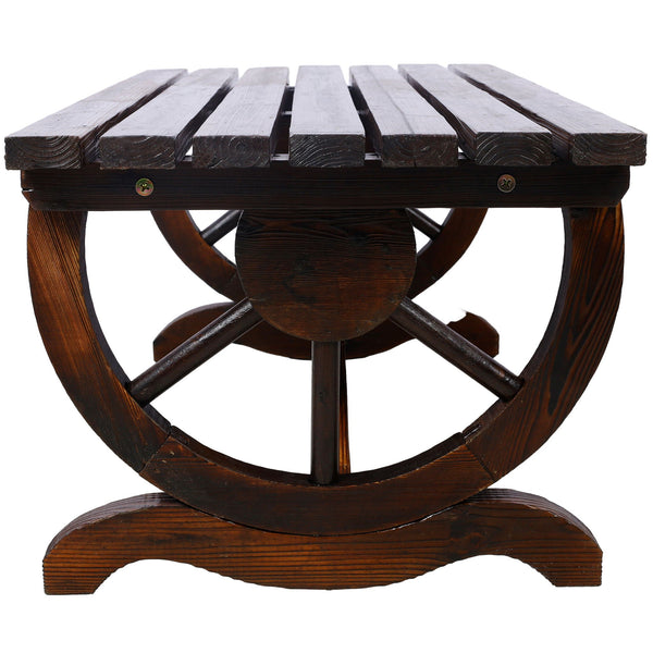 Rustic Wooden Bench With Wagon Wheel Legs For Garden And Patio - Brown, photo 2 of 7