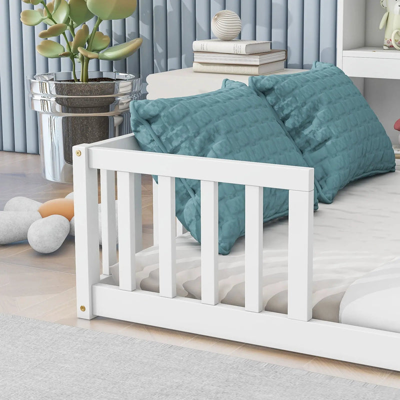 Floor Bed With Side Bookcase, Shelves, Guardrails by HouseOfZazla