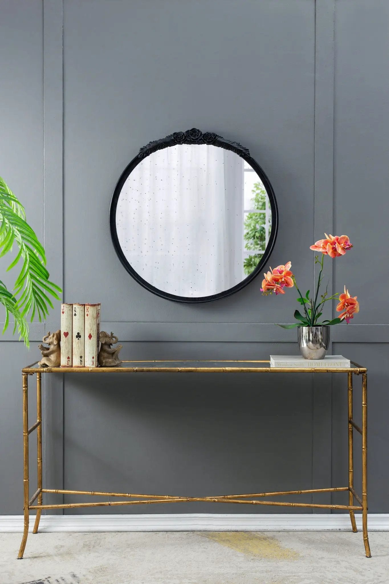 Round Hand Carved Rose Antique Mirror Frame, Wall Mirror For Live Space by Unique Piece Furniture