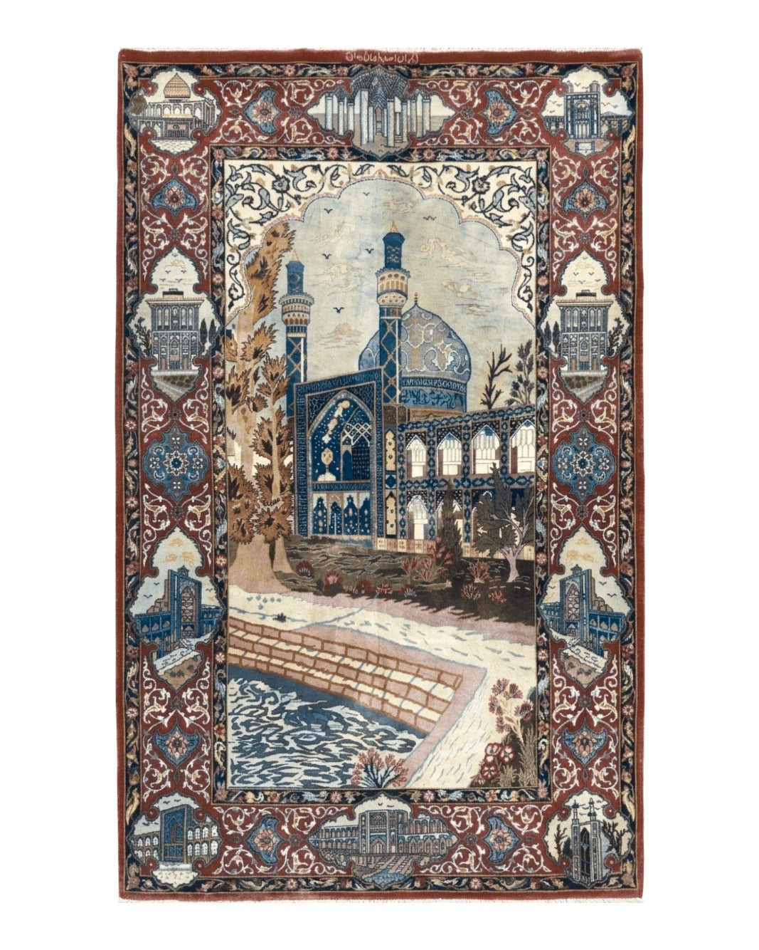 Persian Isfahan Pictorial Rug 3.6 x 5.7, Very Fine 400 KPSI, Historical Buildings, Signed By Masterweaver, Handmade by Jewel Rugs