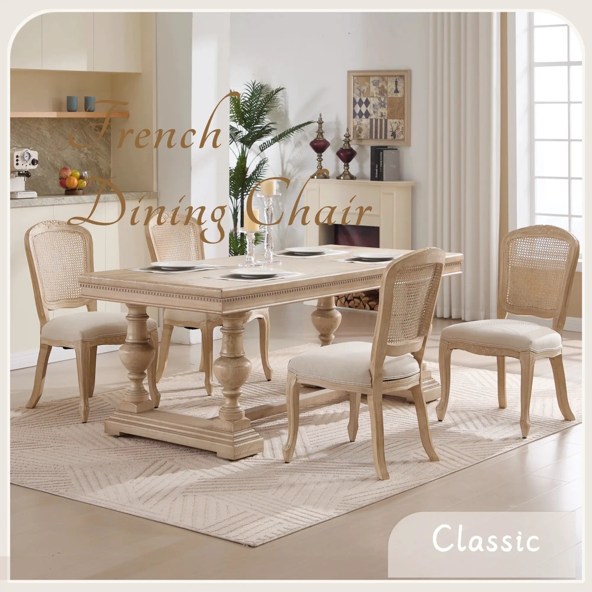 French Country Dining Chairs Set of 2, Upholstered with Rattan Fan-shaped Back by HouseOfZazla
