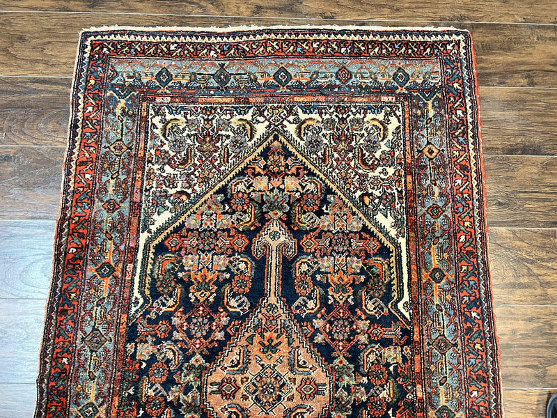 Antique Persian Runner Rug 3.7 x 15.8, Navy Blue Multicolor, Hand Knotted Handmade Wool Rug for Hallway, Geometric Medallions, Persian Hamadan Rug by Jewel Rugs