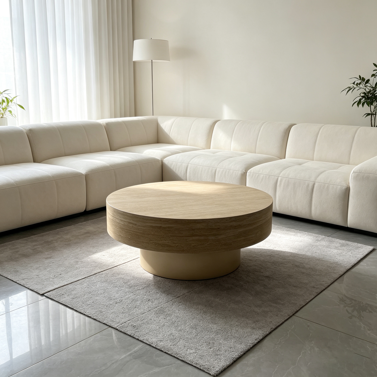 31.88 Inch Round Travertine Coffee Table with MDF Base - Beige, photo 2 of 10