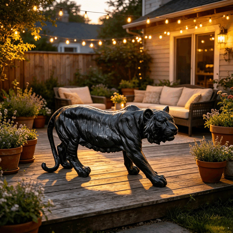 Matte Black Tiger Outdoor Statue with Weatherproof Resin - Black, photo 6 of 10