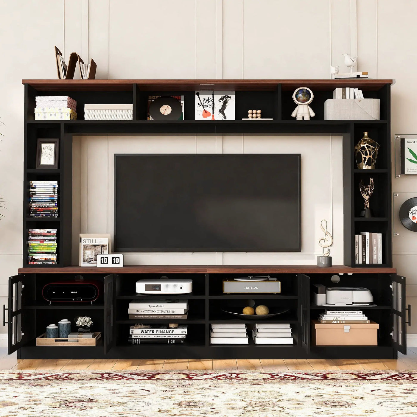 Wall Unit Entertainment Center With Bookshelves For TVs Up To 80", Tempered Glass Doors And Adjustable Shelves by Unique Piece Furniture