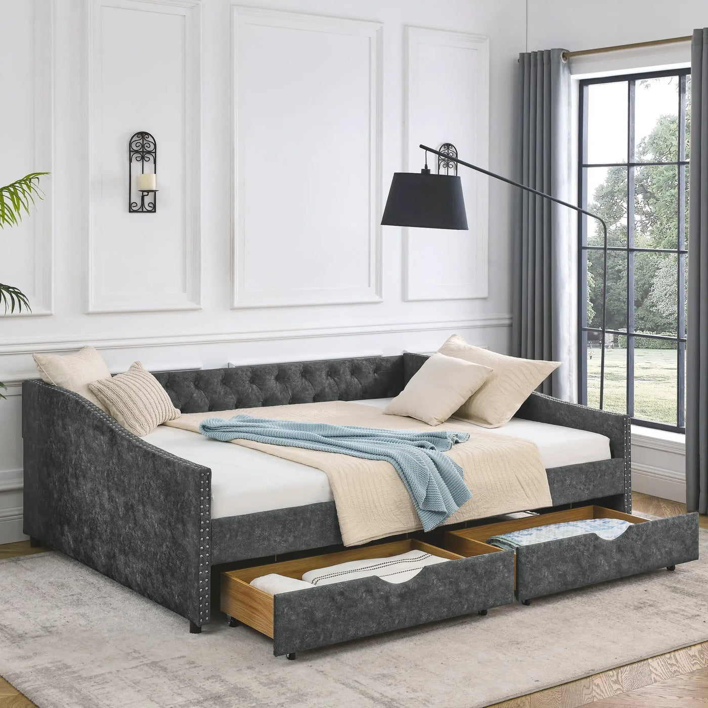 Upholstered Tufted Daybed With 2 Drawers, Waved Arms by HouseOfZazla