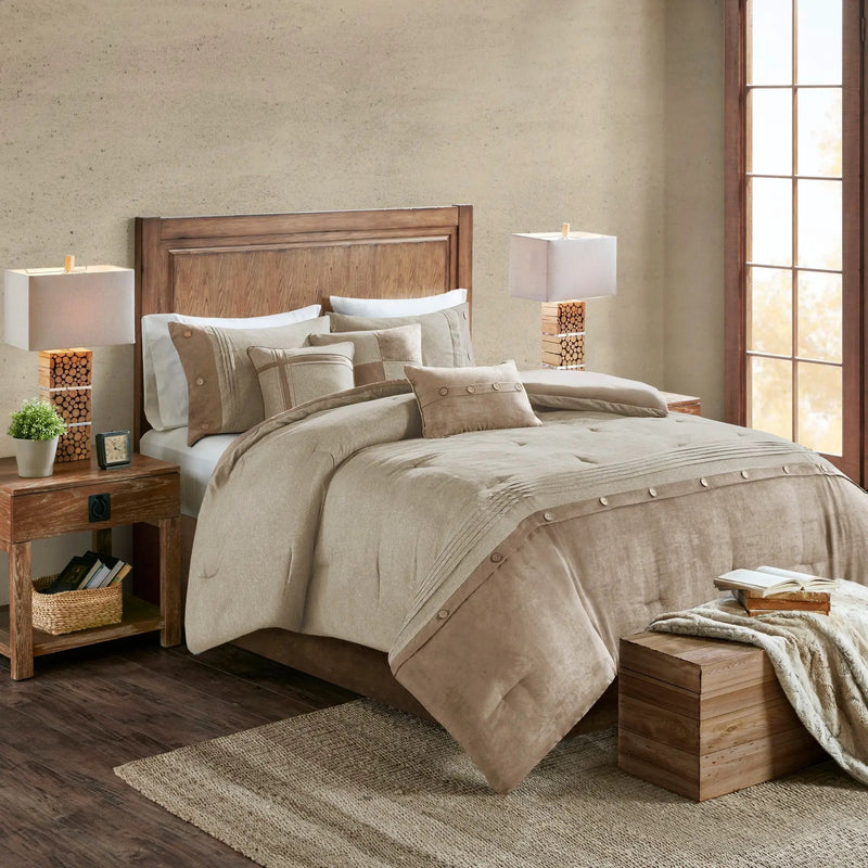 7 Piece Faux Suede Comforter Set Tan Queen by HouseOfZazla
