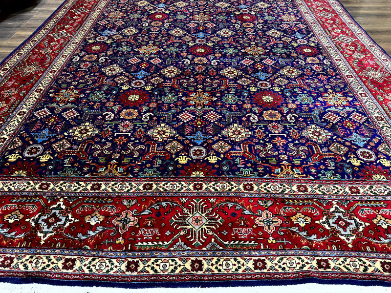 Large Persian Tabriz Rug 10x16, Navy Blue and Red, Allover Pattern, Vintage Hand Knotted Wool Carpet by Jewel Rugs