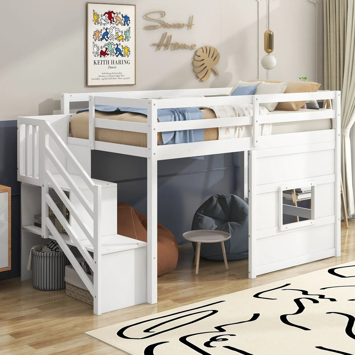 Loft Bed With Storage Staircase, Window & LED Light by HouseOfZazla