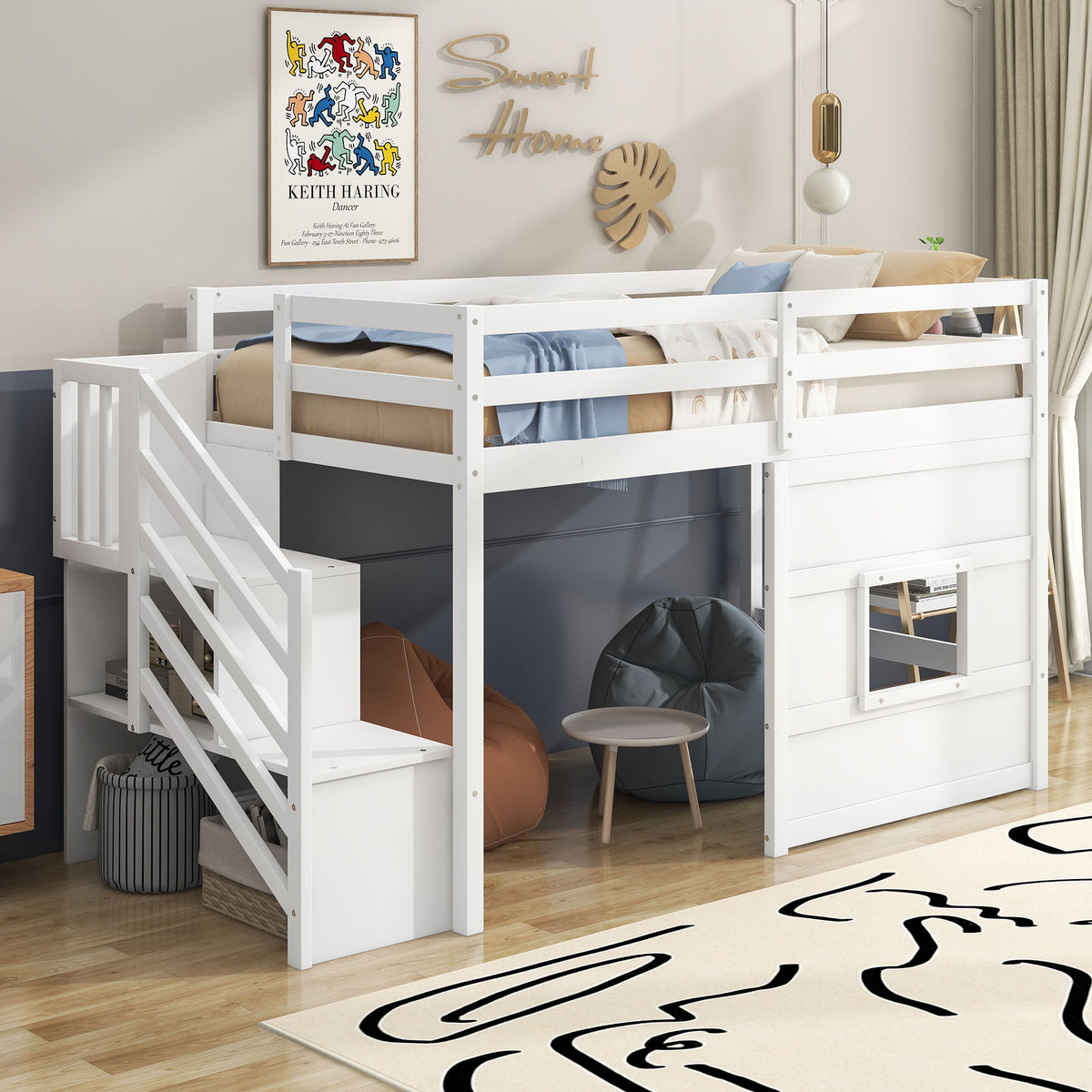 Twin Loft Bed with Storage Staircase, Window & LED Light - White or Dark Gray, photo 8 of 34