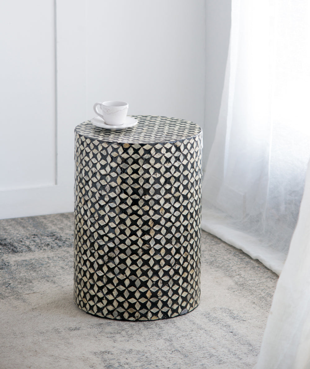 Marble-Look Stool Accent Table with Swirling Stone Finish - Beige, Green, or Black, photo 3 of 10