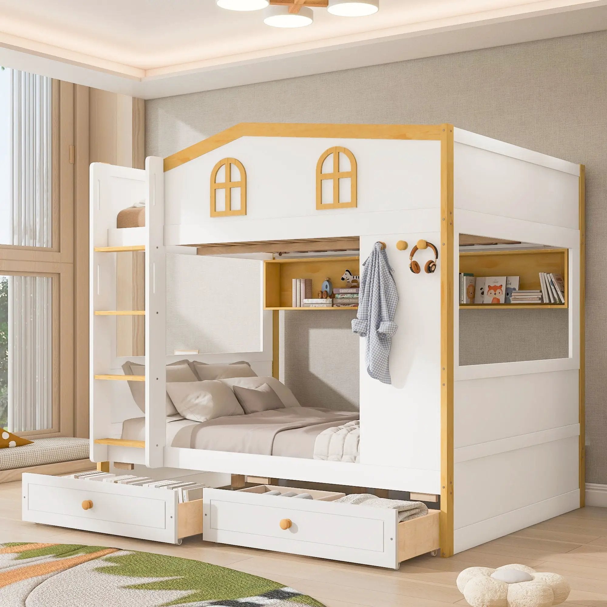 Twin Over Twin Bunk Bed With House Shaped Guardrails, Storage Shelves & Drawers - White / Natural by HouseOfZazla