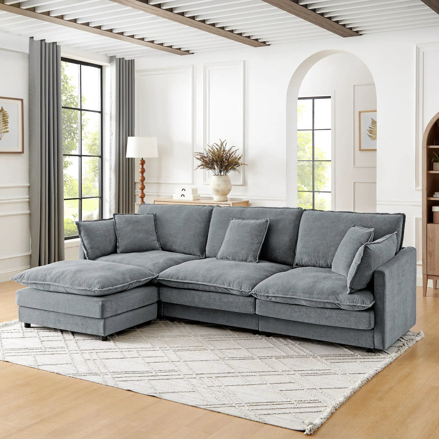 L-Shaped Sectional Sofa With Ottoman, Convertible 4 Seater Couch by Unique Piece Furniture