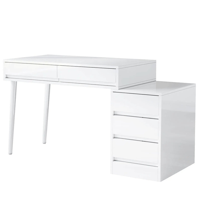 Glossy Desk With 5 Drawers & Printer Stand, Reversible Home Office Computer And Vanity Table For Small Spaces - White by HouseOfZazla