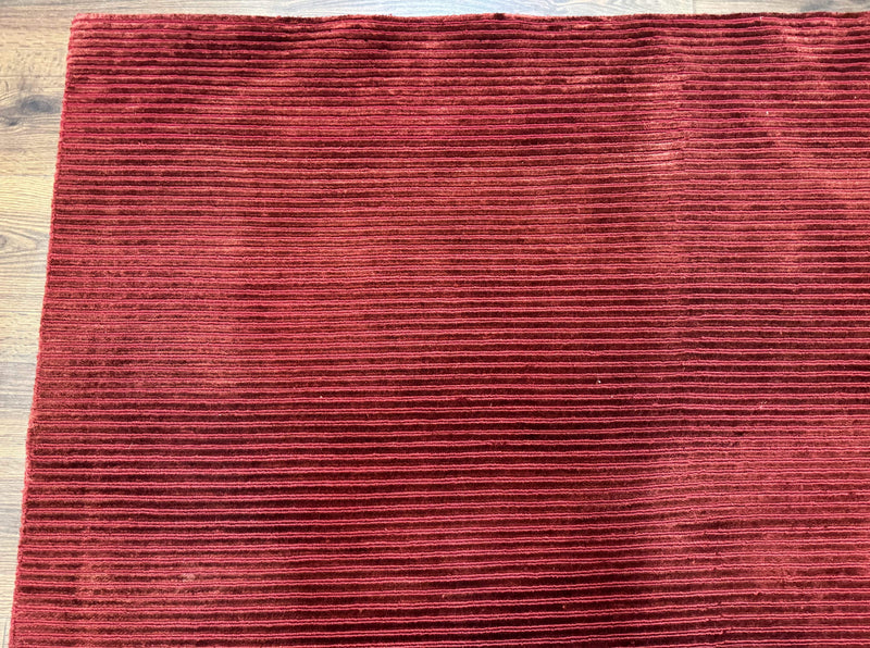 Modern Tibetan Rug 8x10, Red, Stripes, Handmade Wool Thick Pile Carpet by Jewel Rugs