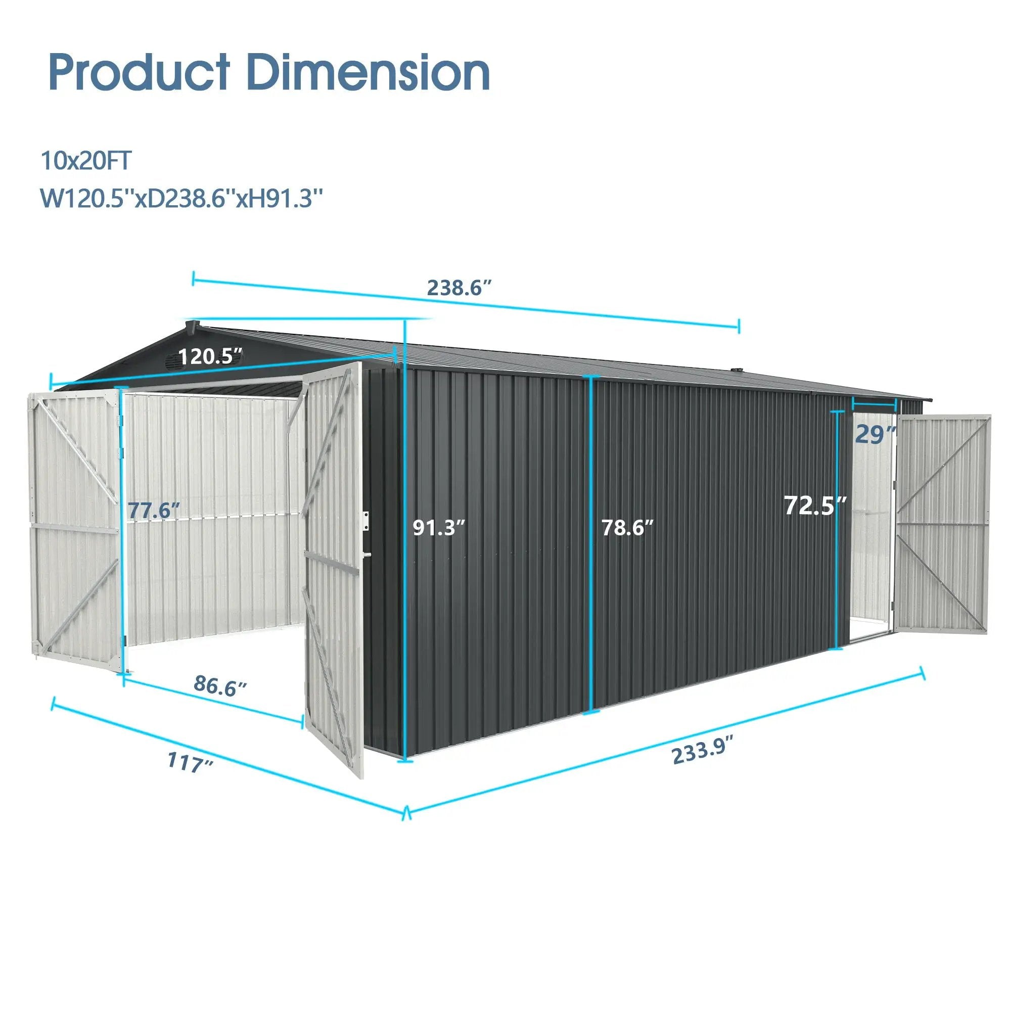 Industrial - 20' x 10' Heavy Duty Metal Garage Shed - Dark Gray by HouseOfZazla