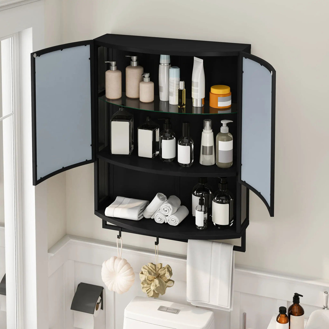 Arched Glass Double Door Wardrobe With Shatterproof Mirror, Open Shelf & Towel Rack by HouseOfZazla