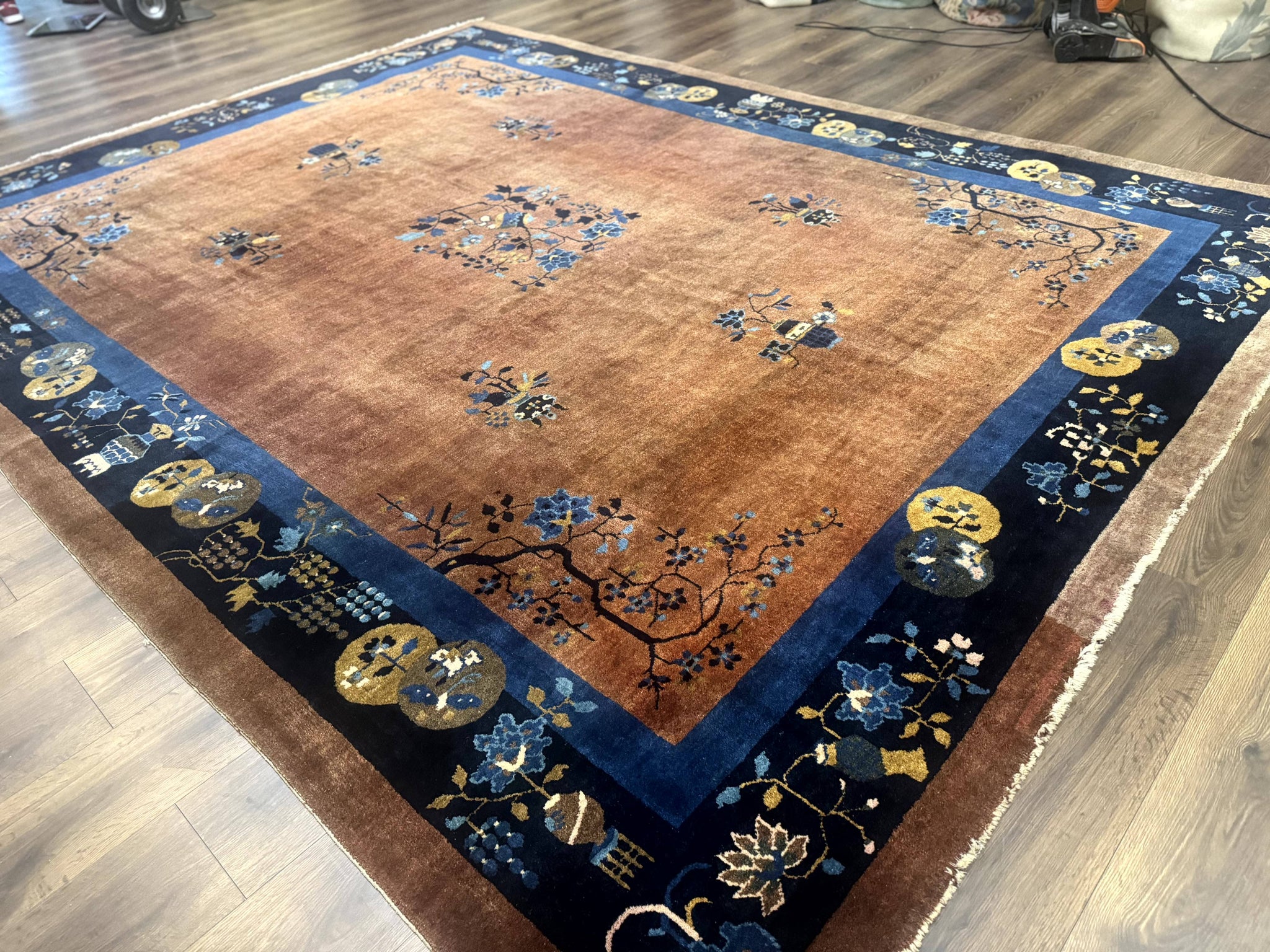 Antique Chinese Wool Rug 9x12, Light Brown and Navy Blue, Fete Peking Art Deco by Jewel Rugs
