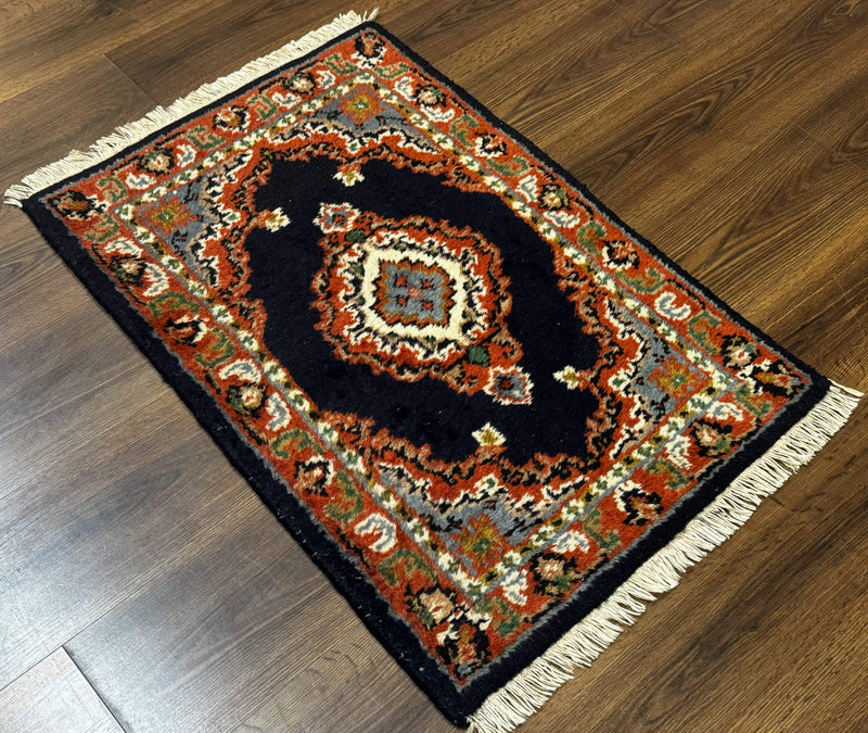 Small Indo Persian Rug 2x3, Navy Blue & Terracotta, Wool, Handmade by Jewel Rugs