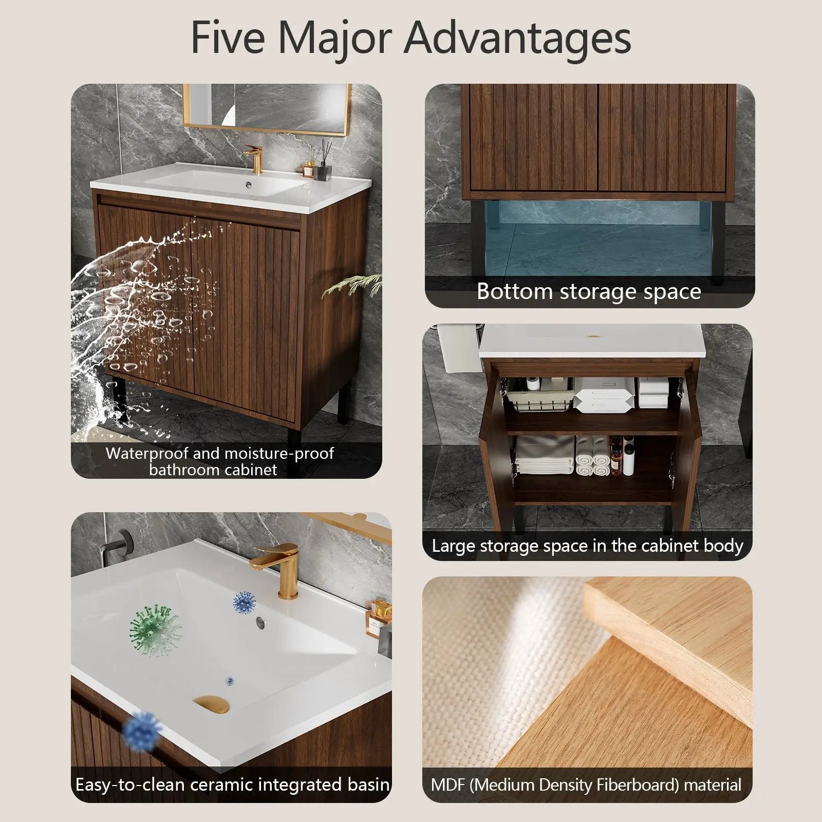 Bathroom Vanity With Ceramic Sink, Floor-Standing Design, Soft-Closing Drawers