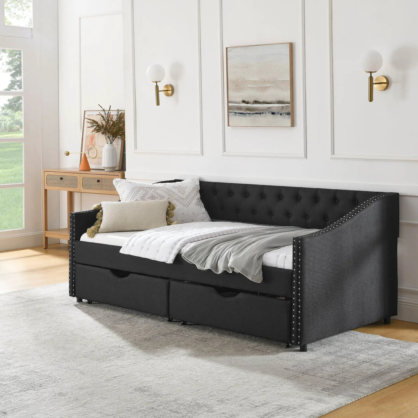 Upholstered Tufted Daybed With 2 Drawers, Waved Arms by HouseOfZazla