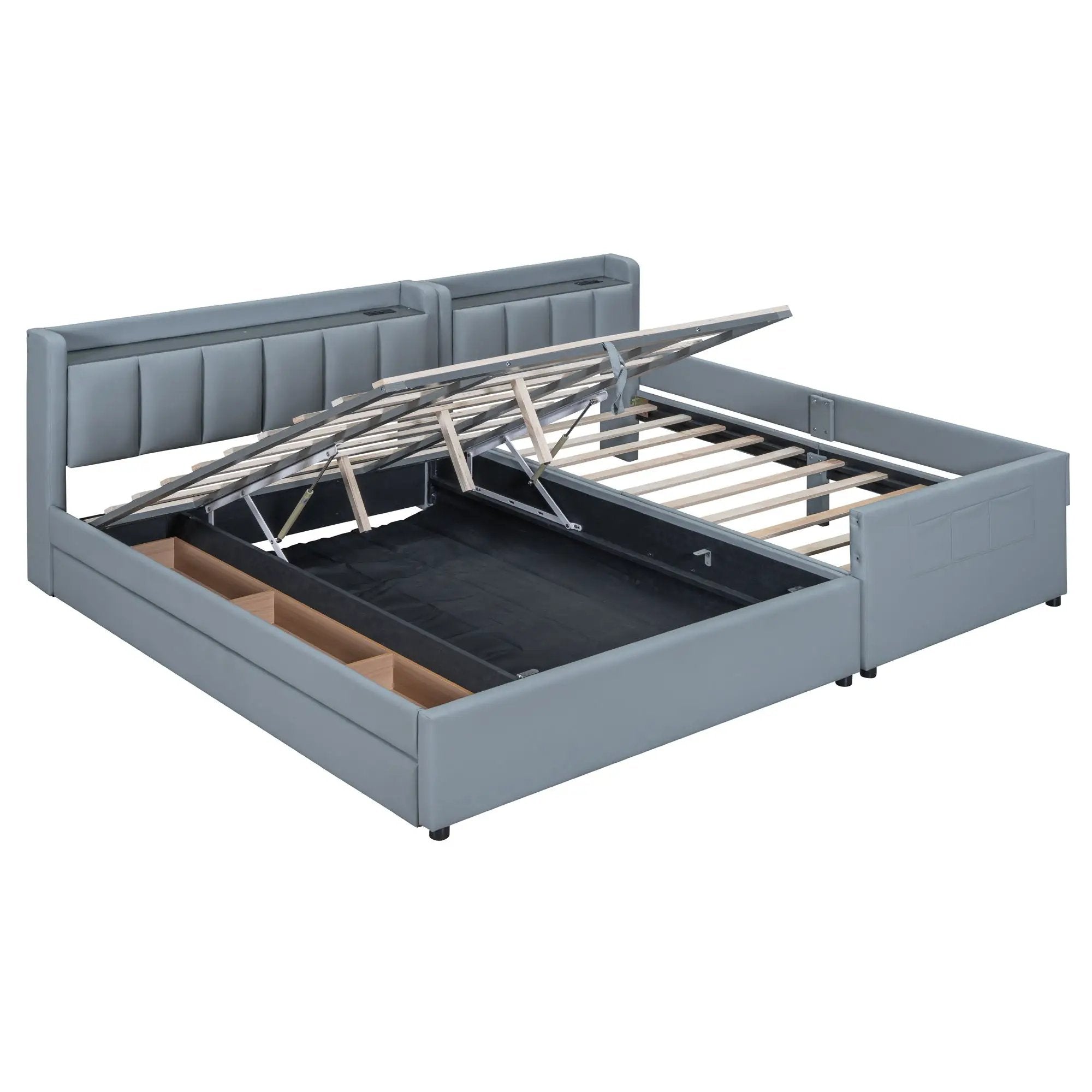 Upholstered Mother & Child Bed With Hydraulic Storage System, Drawer Box, Bedhead Storage Shelf And 2 Pairs Of Sockets & USB Ports by HouseOfZazla