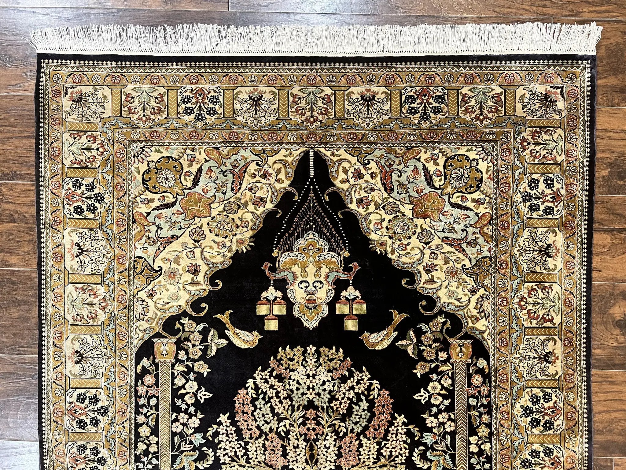 Wonderful Sino Persian Silk Rug 4x6, Tree of LIfe Design, Masterpiece 575 KPSI, Birds, Prayer Rug, Black, Silk on Silk by Jewel Rugs