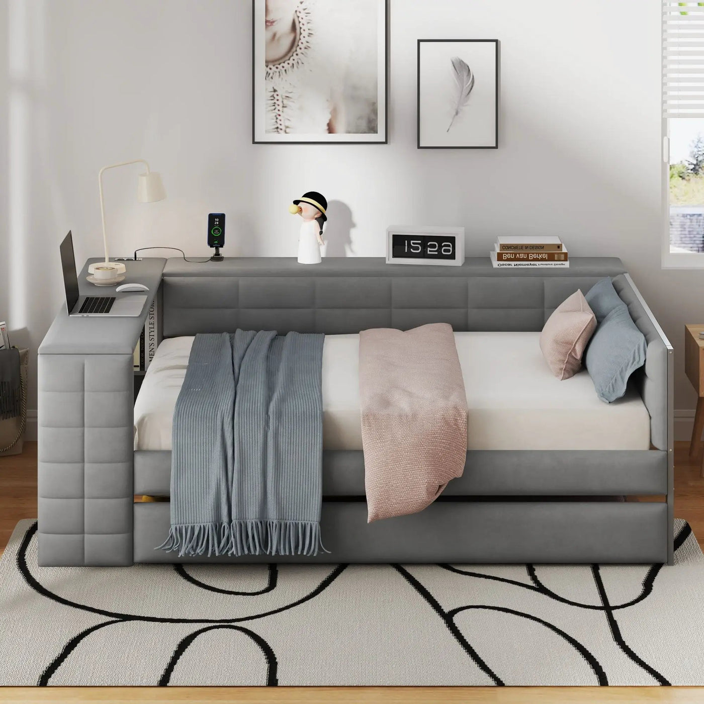 Upholstered Platform Bed With Storage Shelves, Desk, Charging Station And Trundle by HouseOfZazla