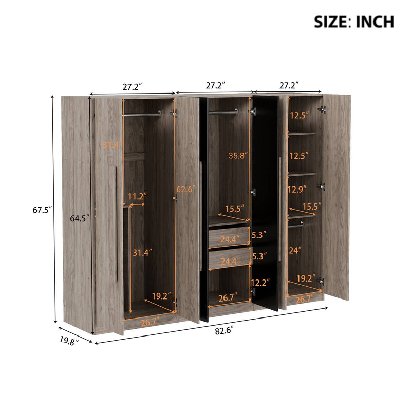 6 Doors Wardrobe Storage For Bedroom, With 2 Drawers Inside - Black / Nature by HouseOfZazla