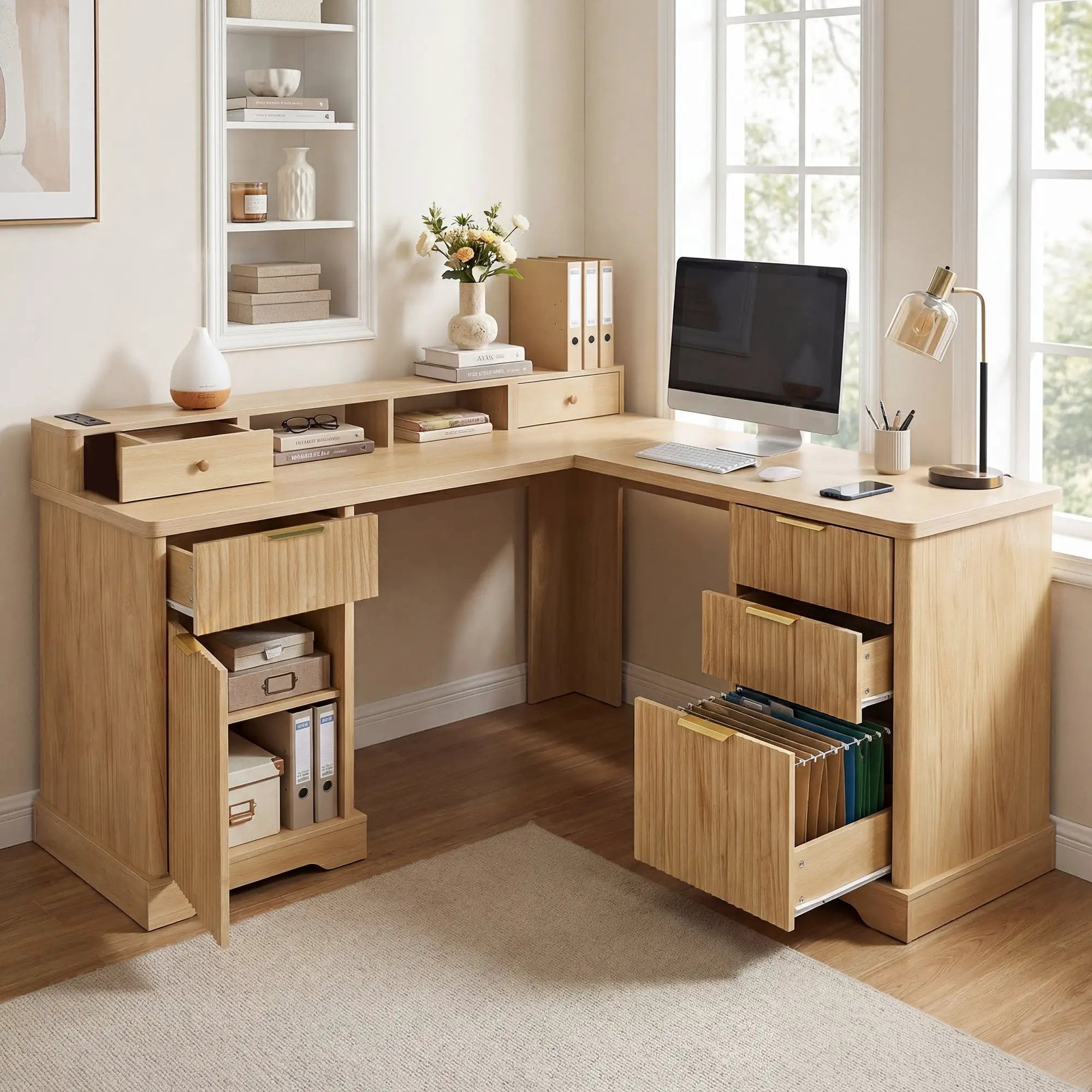59" Modern Fluted L-Shaped Desk with Charging Station & Storage by HouseOfZazla