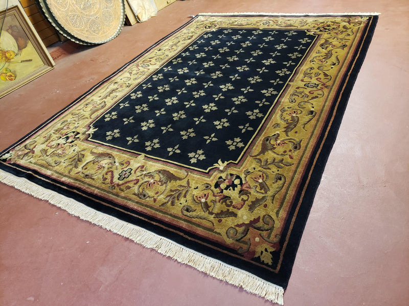 6x9 Aubusson Design Nepali Tibetan Rug Black & Tan Hand-Knotted Wool Carpet Soft Plush Pile New Rug Nice by Jewel Rugs