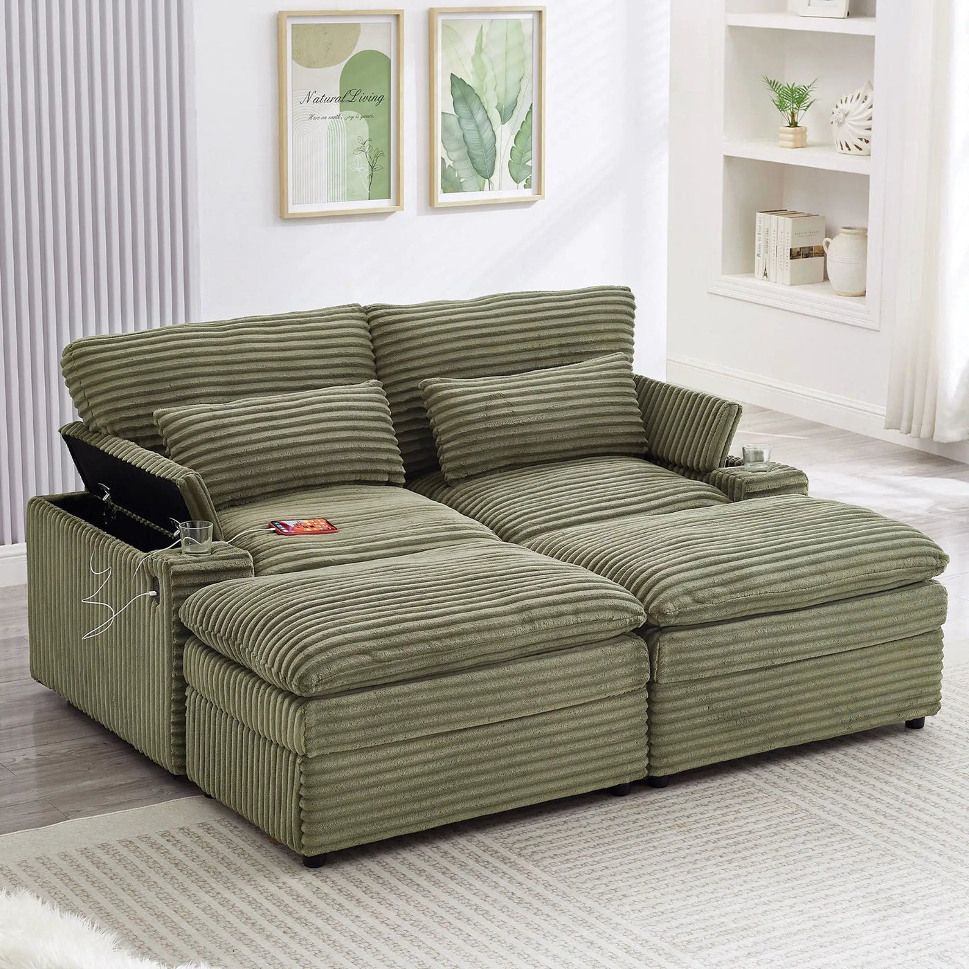 Convertible Loveseat Sofa With Storage, USB Ports, Cup Holders by Unique Piece Furniture