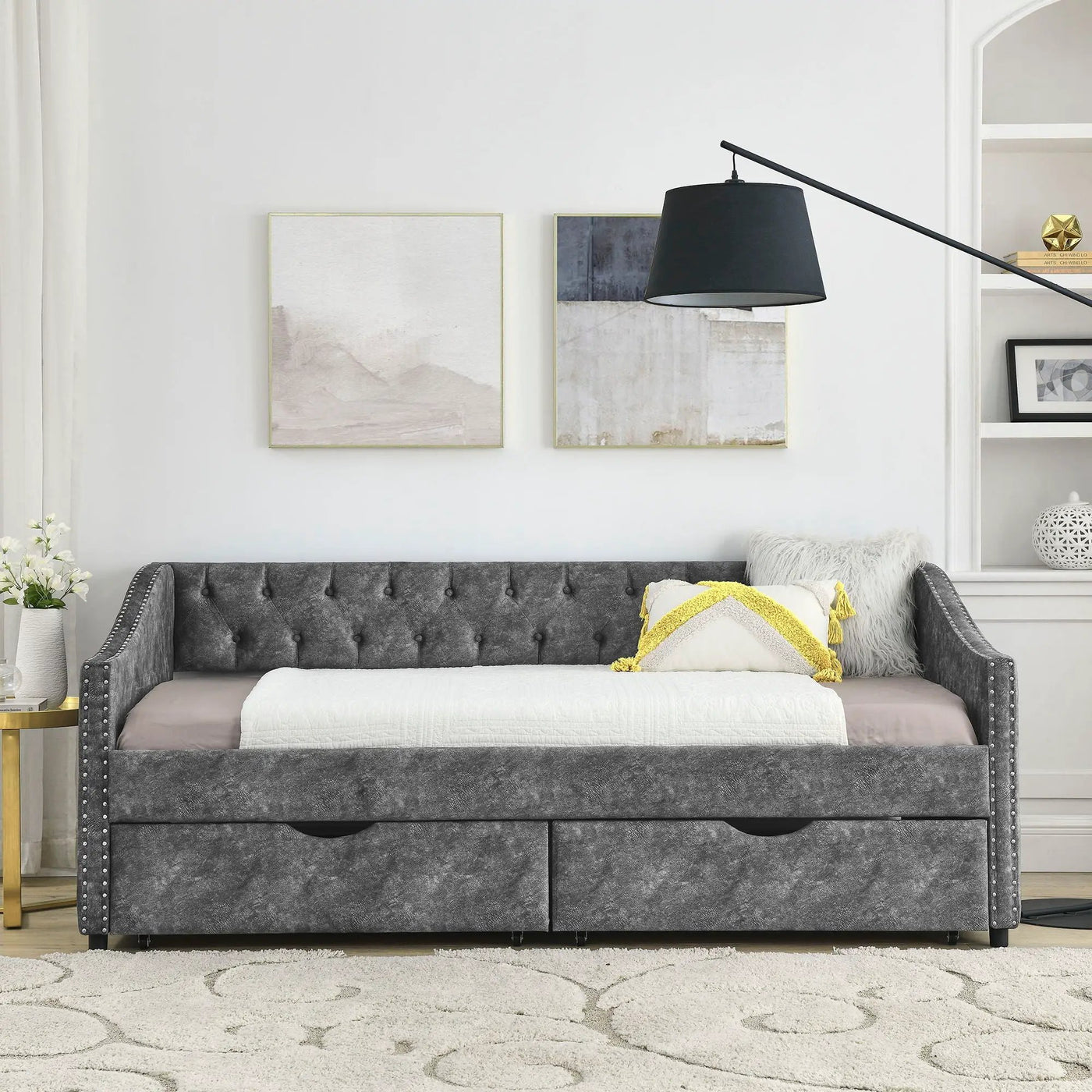 Upholstered Tufted Daybed With 2 Drawers, Waved Arms by HouseOfZazla