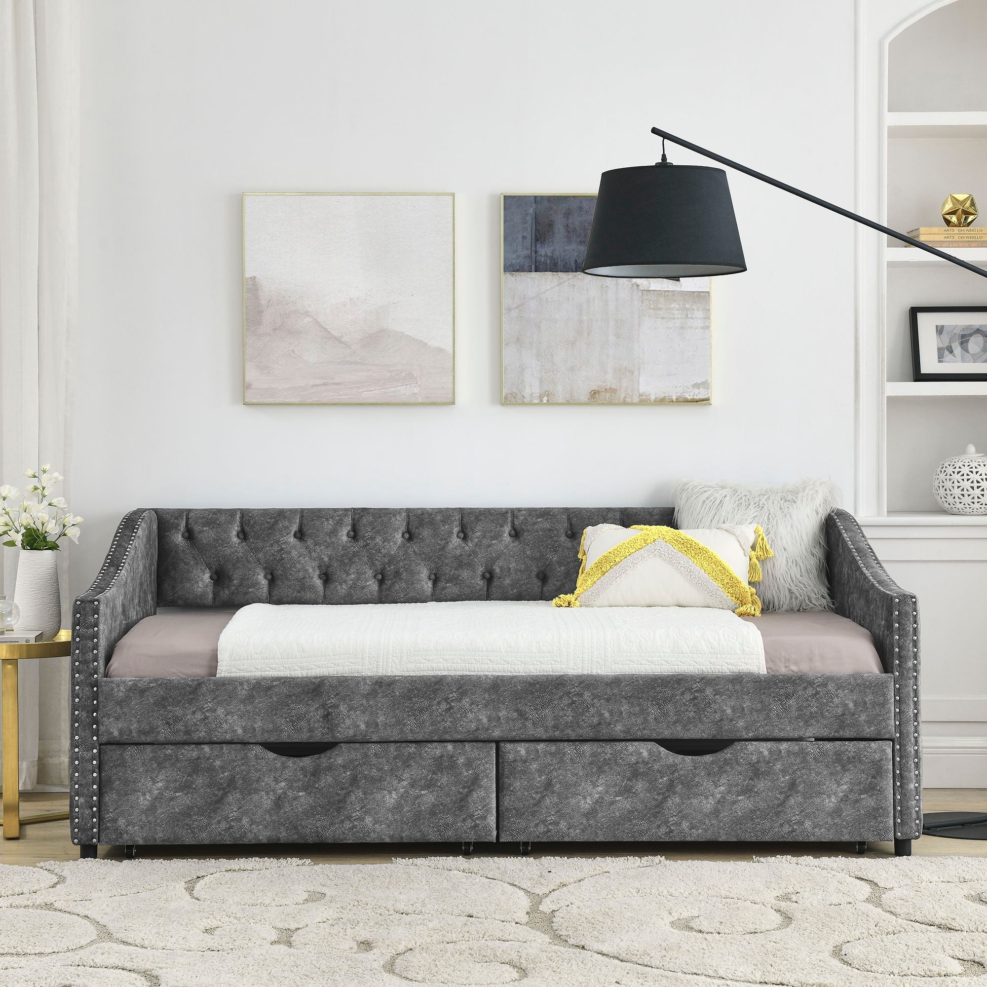 Upholstered Tufted Daybed With 2 Drawers, Waved Arms by Unique Piece Furniture
