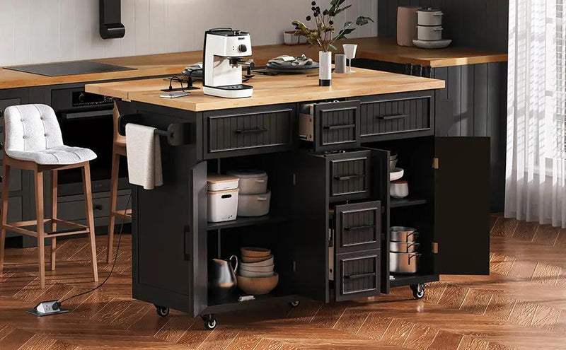 K&K 56.5'' Kitchen Island with Drop Leaf, Power Outlet by HouseOfZazla